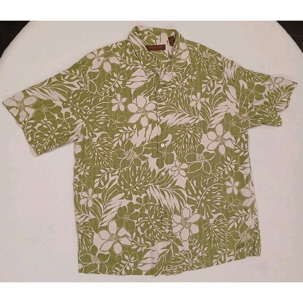 Tori Richard Silk Shirt Hawaiian Tropical XL Green Beach Vacation Coastal Floral